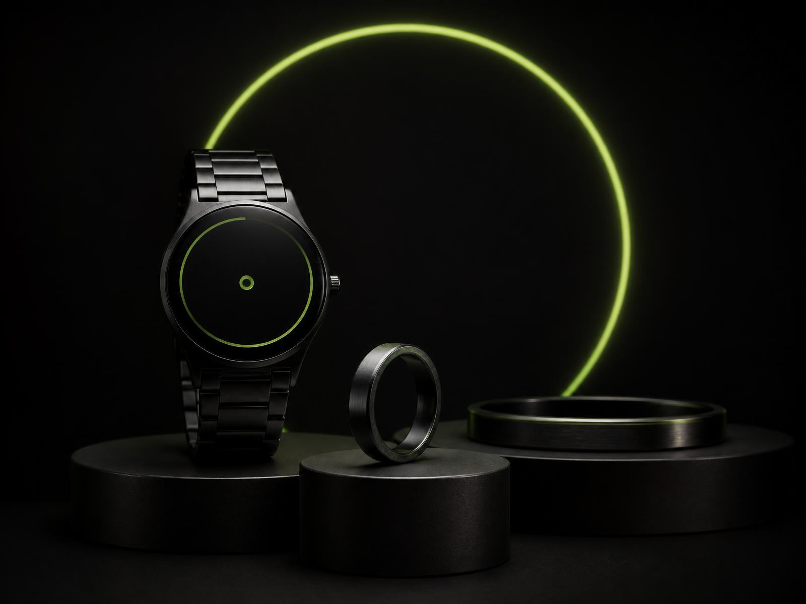 ONSO Orbit Watch, Centre Ring and Flat Bracelet on black platforms behind a glowing orbit